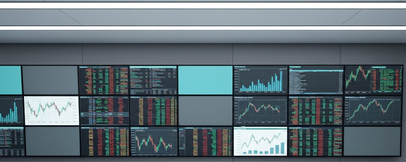 Börsensaal mit Kursdaten-Bildschirmen – Illustration des IPO-Primärmarkts in Hongkong