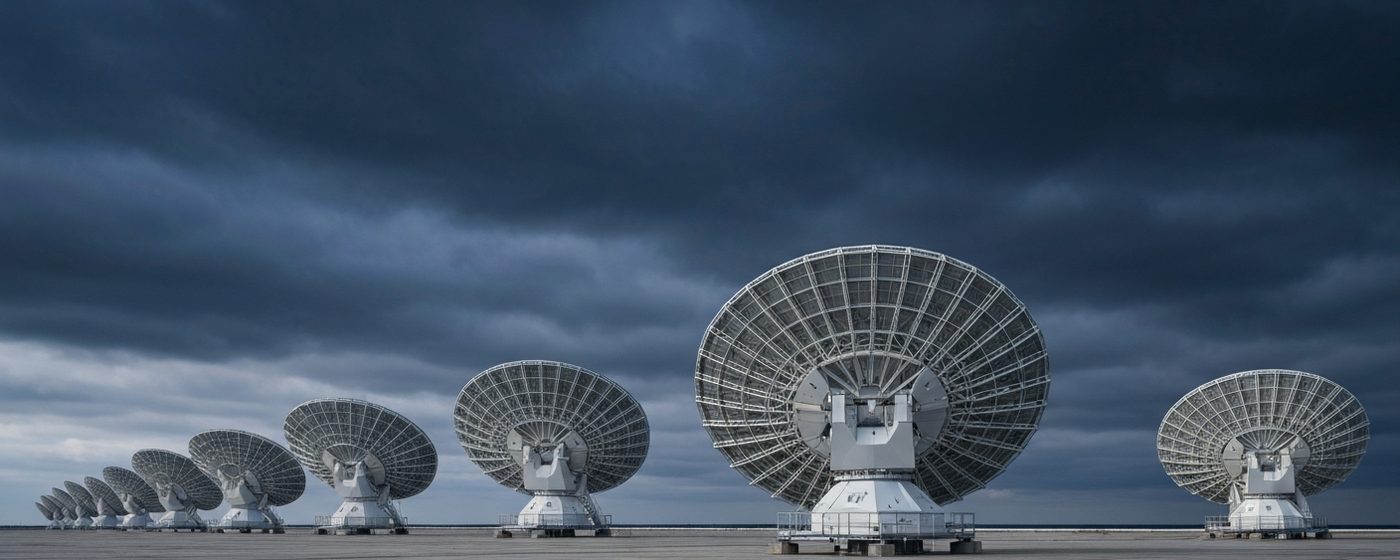 Großes geostationäres Parabolantennensystem unter bedecktem Himmel – Symbol für veraltete GEO-Satelliteninfrastruktur