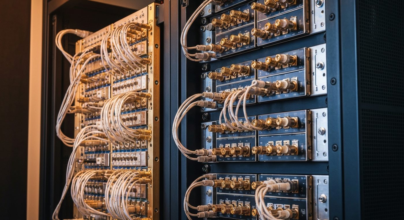 Steuerungselektronik-Racks eines Quantencomputersystems mit dichten Koaxialkabeln und Signalprozessoren