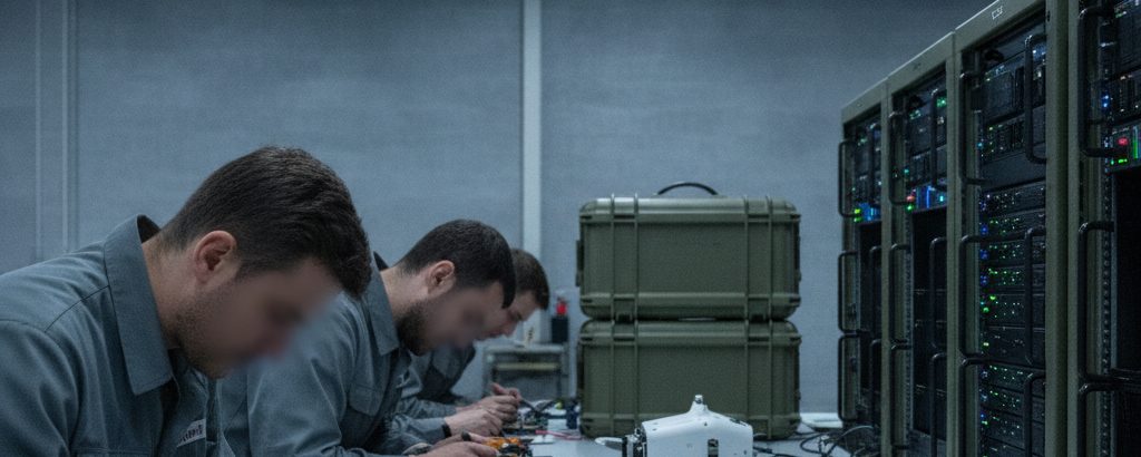 Avionics test bench for a small autonomous drone system in a military hangar with slate-gray equipment