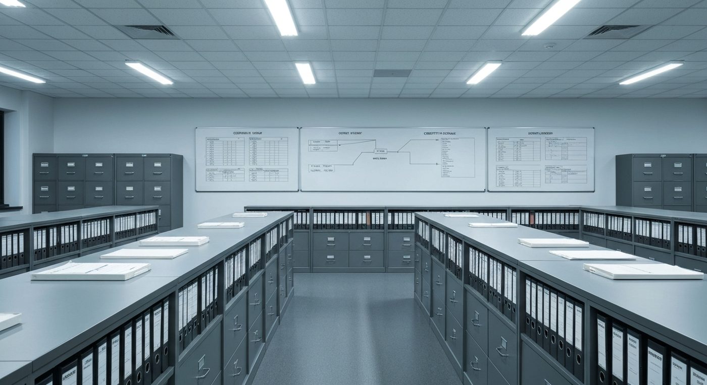 Military procurement office with filing cabinets and contract diagrams on a whiteboard