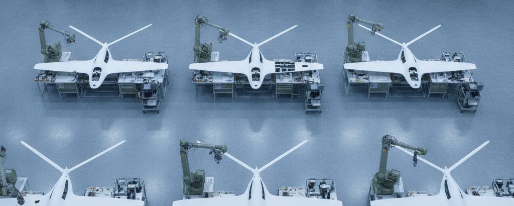 Assembly area for unmanned aerial vehicles in an industrial hangar with gray concrete floor and white drone cells