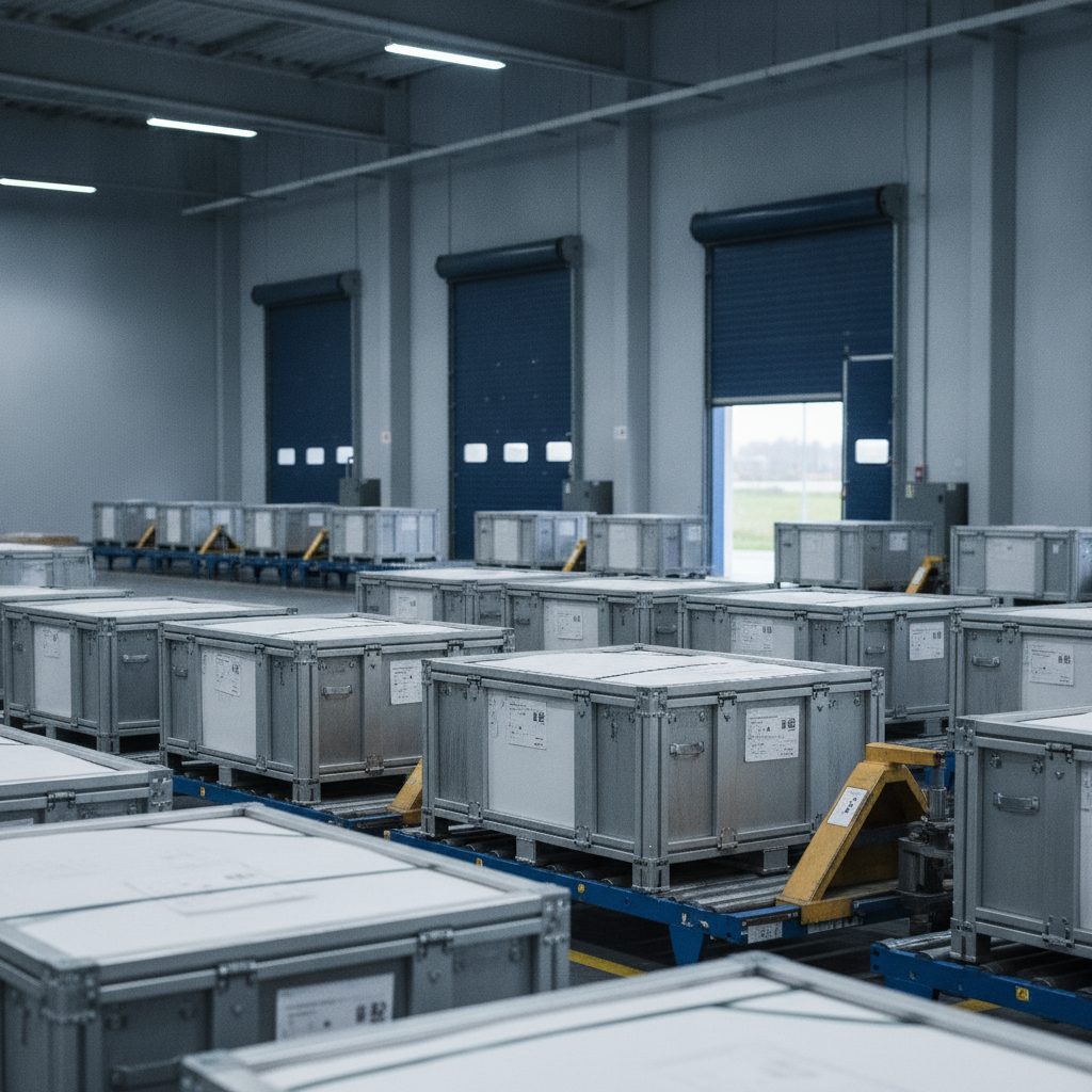 Logistics warehouse with drone component crates for export under cool industrial lighting