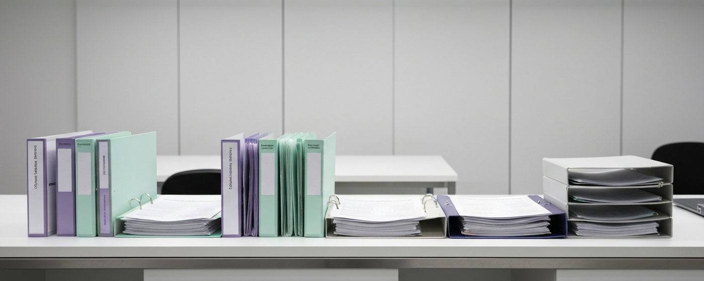 Regulatorische Unterlagen für einen IND-Antrag auf einem Büroschreibtisch in einem Biotech-Unternehmen
