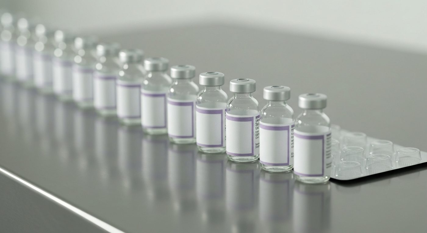 Sterile Glasfläschchen und Blister auf einer Edelstahl-Oberfläche in einer pharmazeutischen Abfüllanlage
