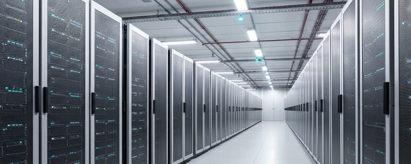 Serverreihen in einem modernen Rechenzentrum unter kühlem weißen Licht – Infrastruktur für KI-Rechenkapazität