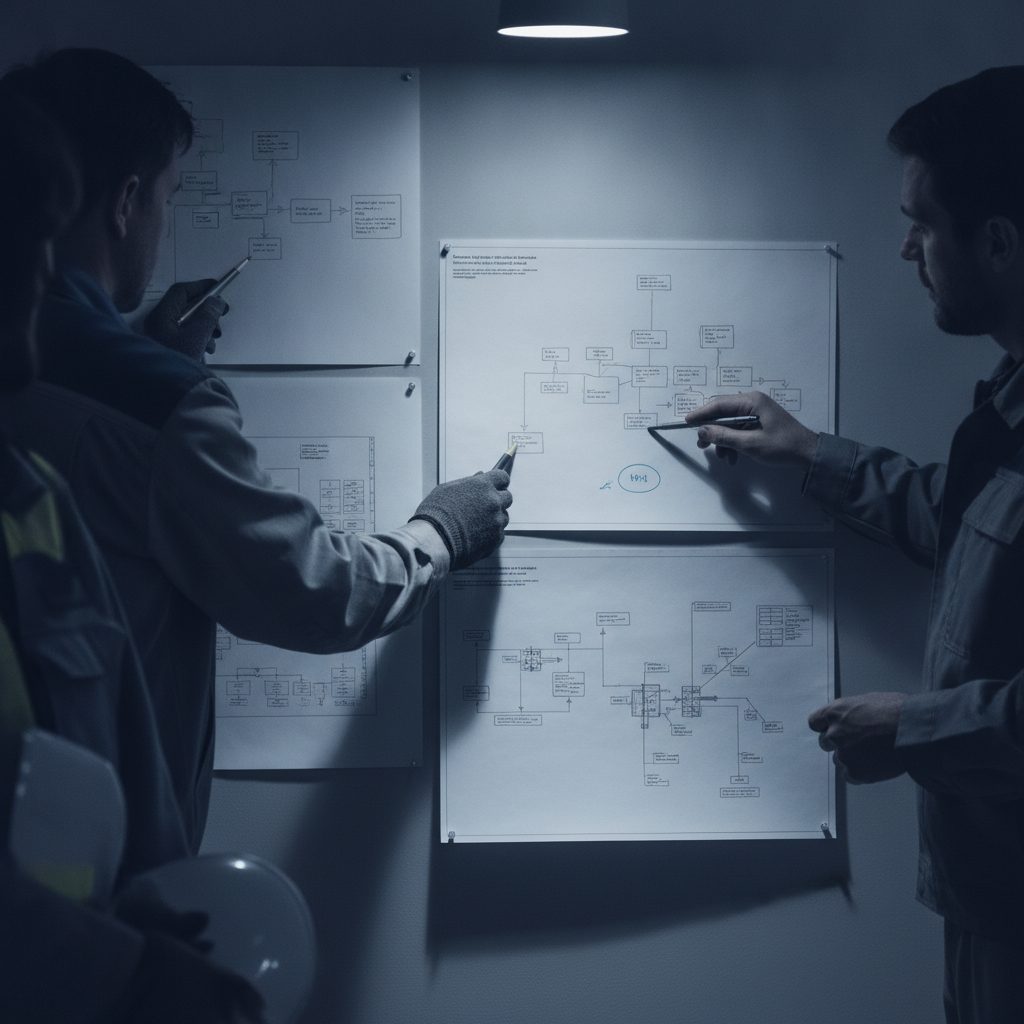 Ingenieure analysieren Infrastruktur-Architekturdiagramme an einer Wand – Planung von Compute-Kapazitäten