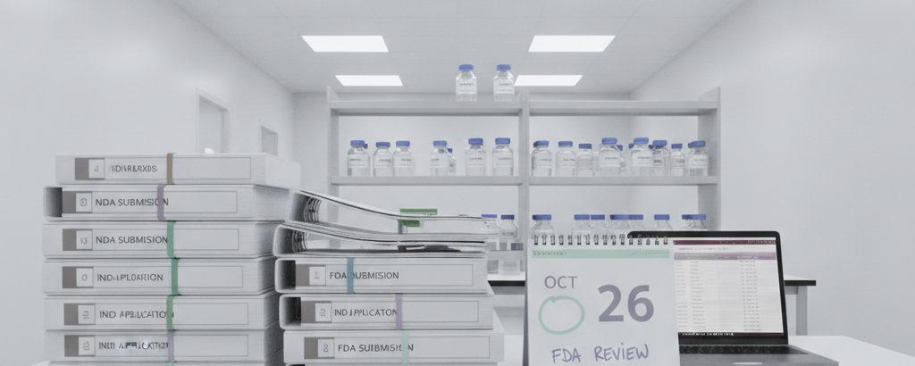 Regulatorische FDA-Unterlagen auf einem klinischen Dokumentationsschreibtisch mit Finanzübersicht