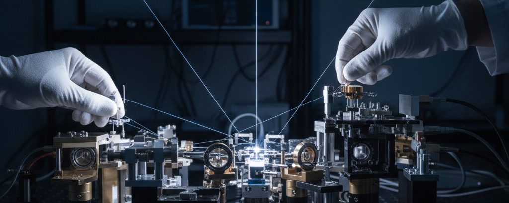 Forscher justiert eine Ionenfallen-Quantenvorrichtung auf einem optischen Tisch im Labor