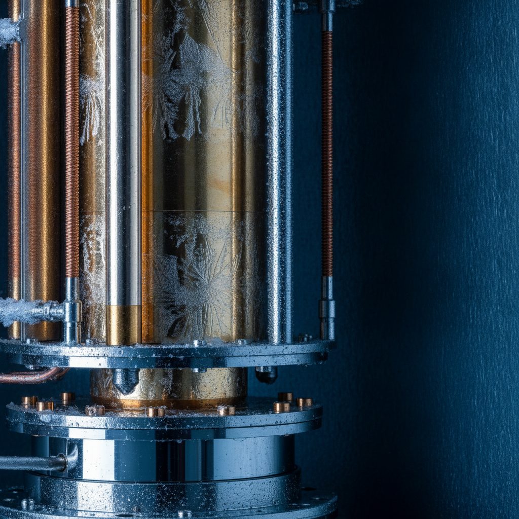 Kryostat eines Quantencomputers mit Messing- und Chromkühlstufen im Laborbetrieb