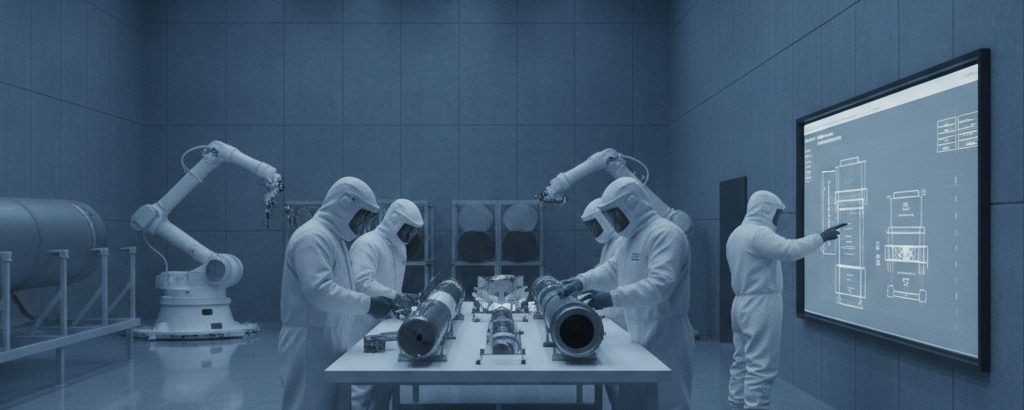 Technicians inspecting missile components in a defense factory – industrial assembly under cold overhead lighting