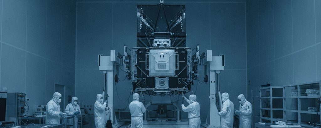 Techniker in Reinraumanzügen bei der Montage eines Satelliten im IRIS²-Programm