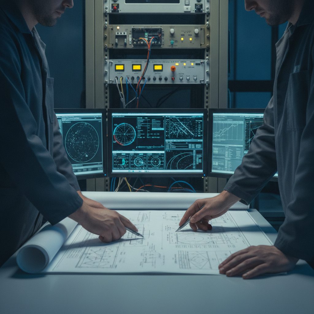 Ingenieure analysieren Avionik-Testdaten an einem Prüfstand für Raumfahrtkomponenten
