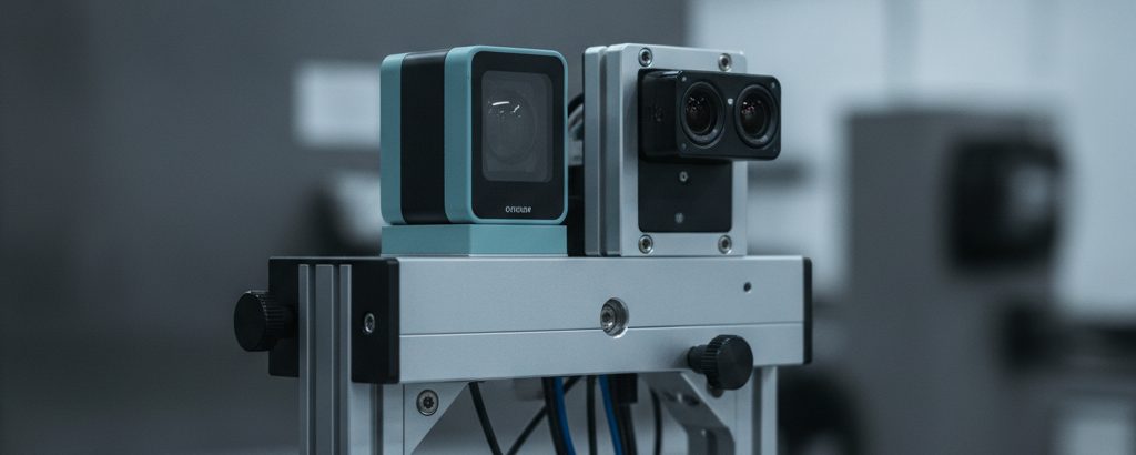 Automotive test setup with lidar unit and camera module on a test bench, grey background