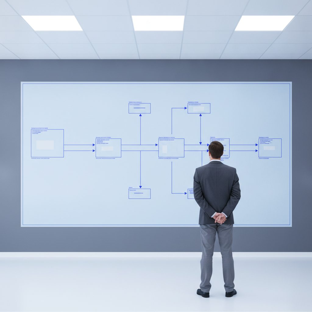 Engineer in front of an architectural diagram for sensor-fusion data processing in a modern office