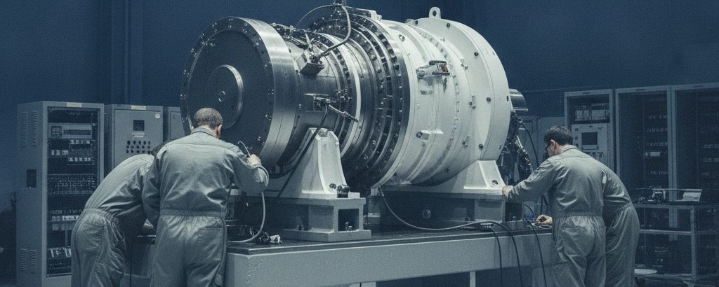 Marineturbine auf Prüfstand in einer Rüstungsfertigungshalle, Techniker in grauer Arbeitskleidung