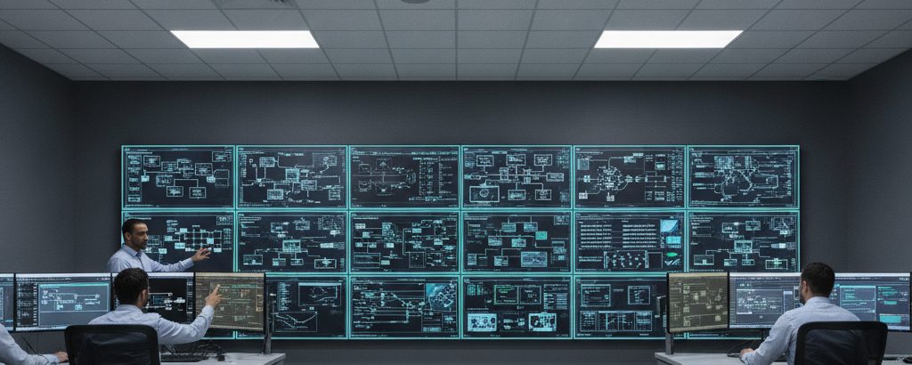Security analysts reviewing network architecture on monitors in a modern Security Operations Centre