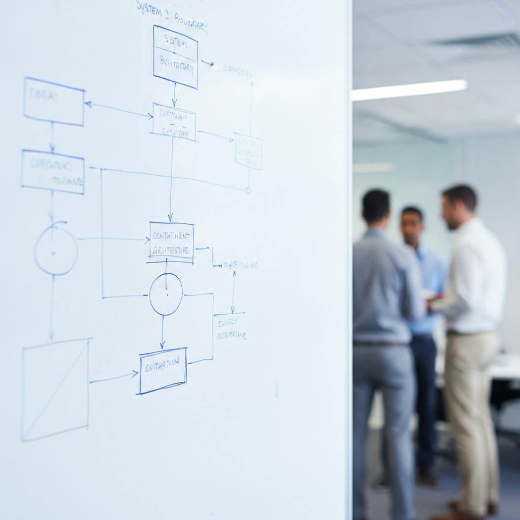 Whiteboard with AI containment architecture diagrams in a development office