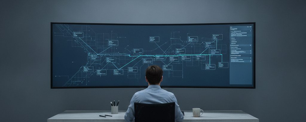Security analyst reviewing attack surface diagrams on a monitor in a modern office
