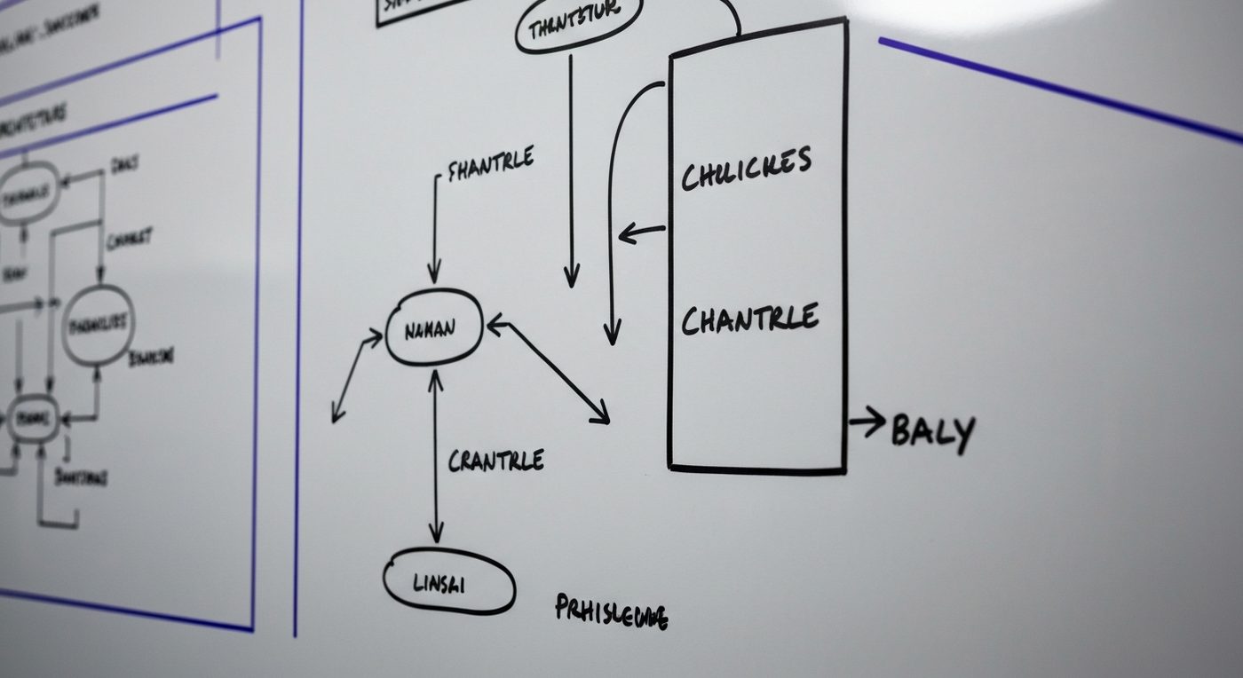 Network architecture diagram on a whiteboard in a technical office environment