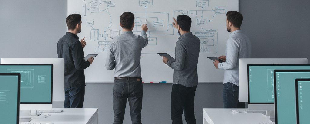 Ingenieure analysieren Software-Architekturdiagramme auf einem Whiteboard in einem modernen Büro
