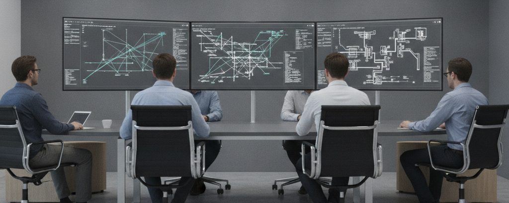 Ingenieure analysieren KI-Architekturdiagramme auf Monitoren in einem modernen Büro
