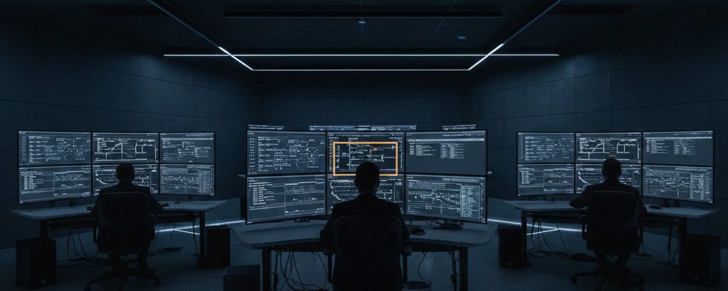 Sicherheitsoperationszentrum mit Analysten an Mehrfachbildschirmen – Cybersecurity-Plattformüberwachung