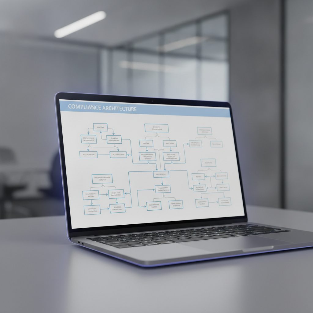 Laptop mit Compliance-Architekturdiagrammen für KI-Unternehmen in einem modernen Büro