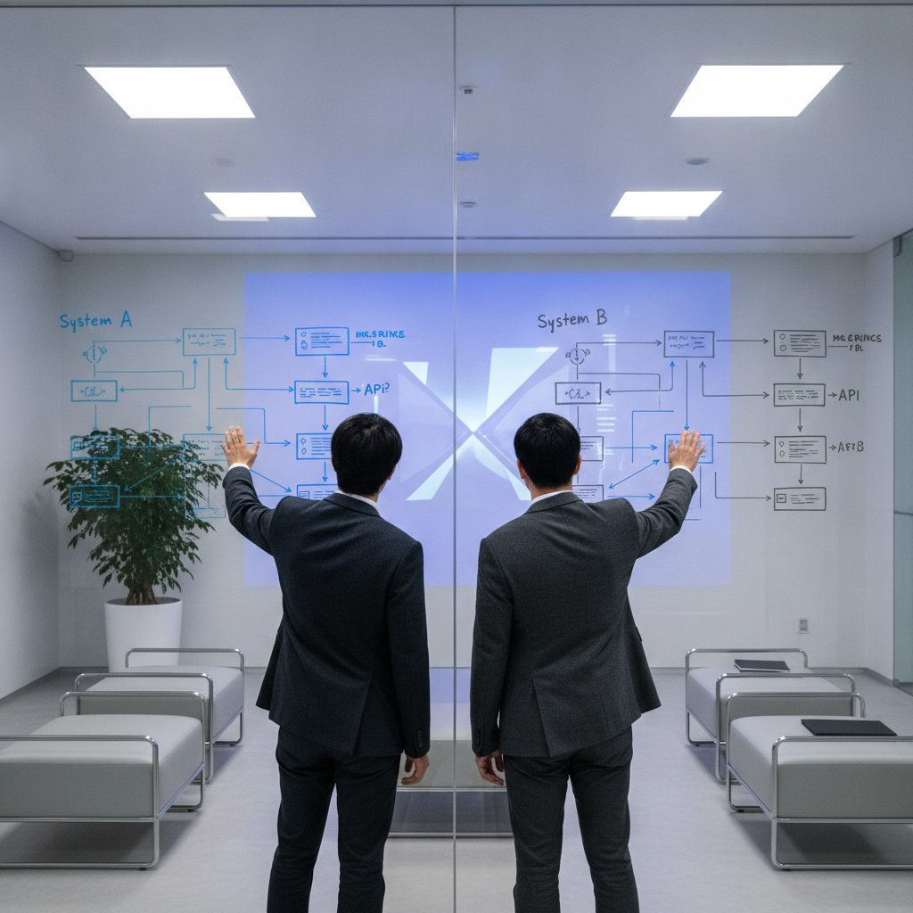 Zwei Ingenieure vergleichen Softwarearchitekturen an einem Whiteboard