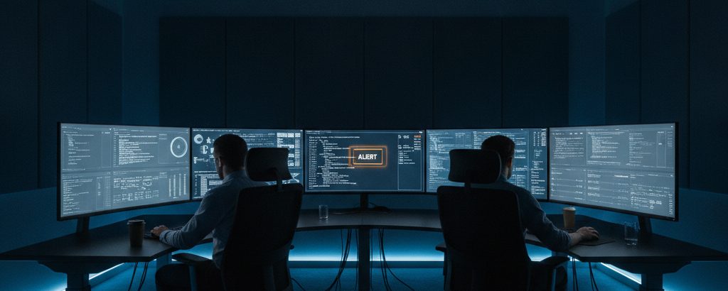 Sicherheitsanalysten in einem Security Operations Centre überwachen KI-Systemanomalien auf mehreren Bildschirmen
