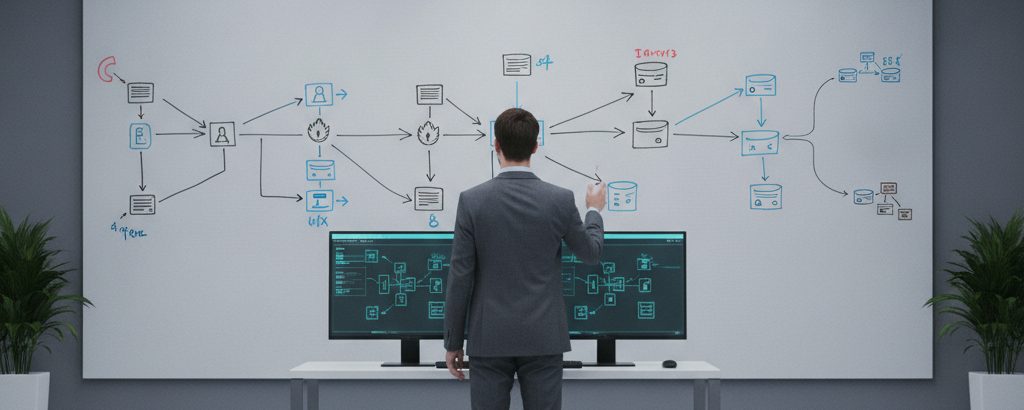 Sicherheitsanalyst prüft KI-Architekturdiagramme an einem Whiteboard im Büro