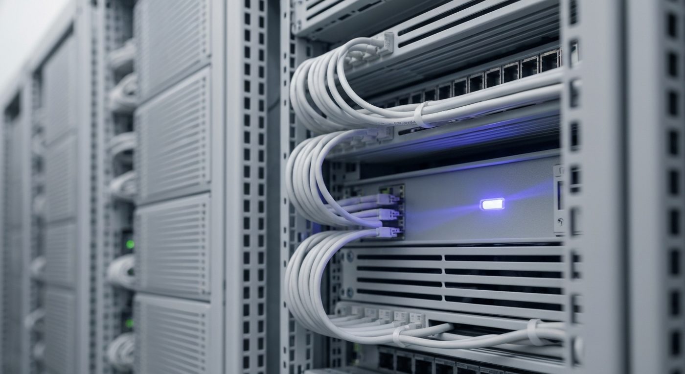 Serverrack-Innenansicht in einem Rechenzentrum mit strukturierter Verkabelung