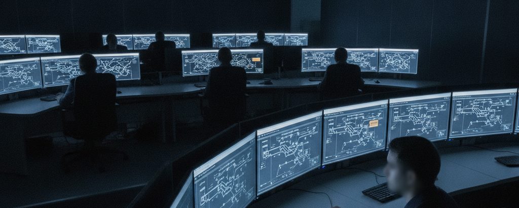 Analysts in a security operations centre monitoring network dashboards on multiple screens