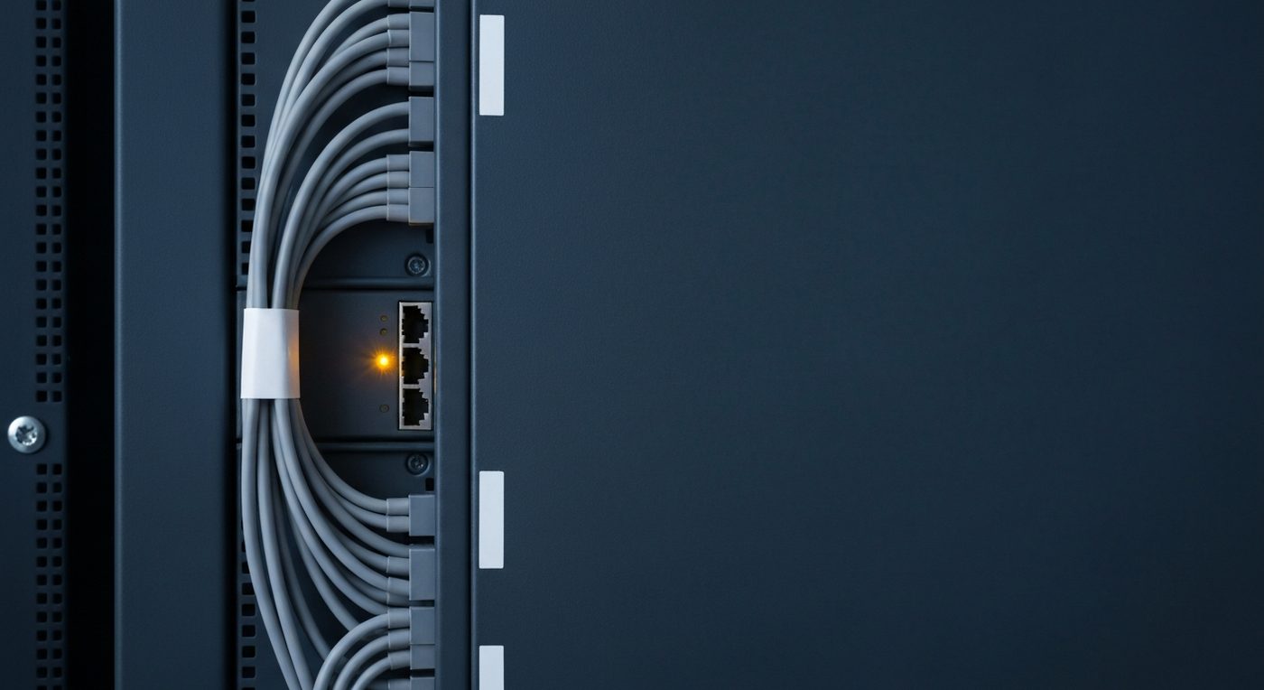 Structured cabling and patch panels in a data center with amber status indicators