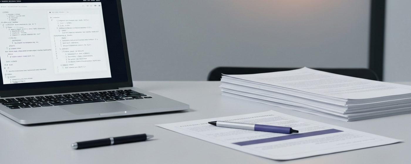 Schreibtisch mit Lizenzverträgen und Laptop – KI-Urheberrecht und Trainingsdaten als Geschäftsrisiko
