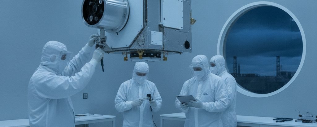 Satellit mit optischem Laser-Terminal wird in einem Reinraum von Technikern in Schutzanzügen integriert