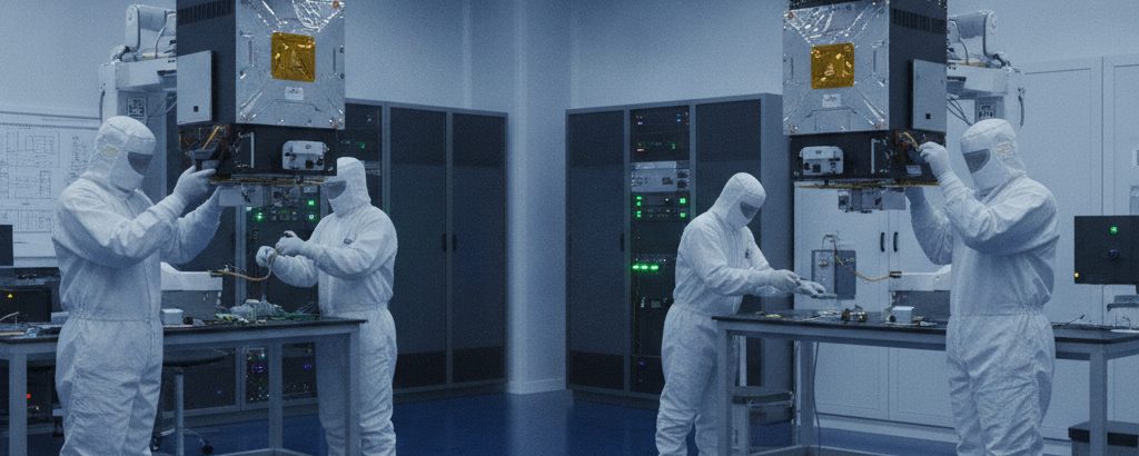 Two small satellites with optical laser terminals being assembled in a cleanroom by technicians in protective suits