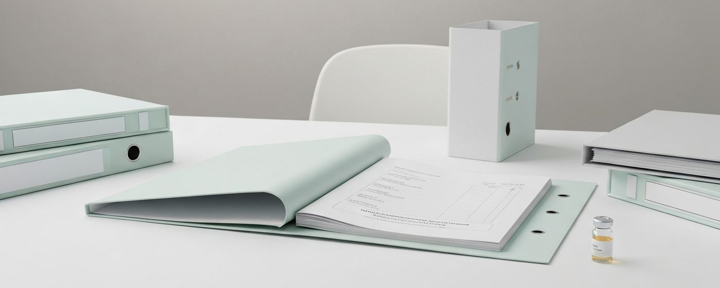 License agreement and clinical trial documentation on a sterile lab table in a pharmaceutical environment