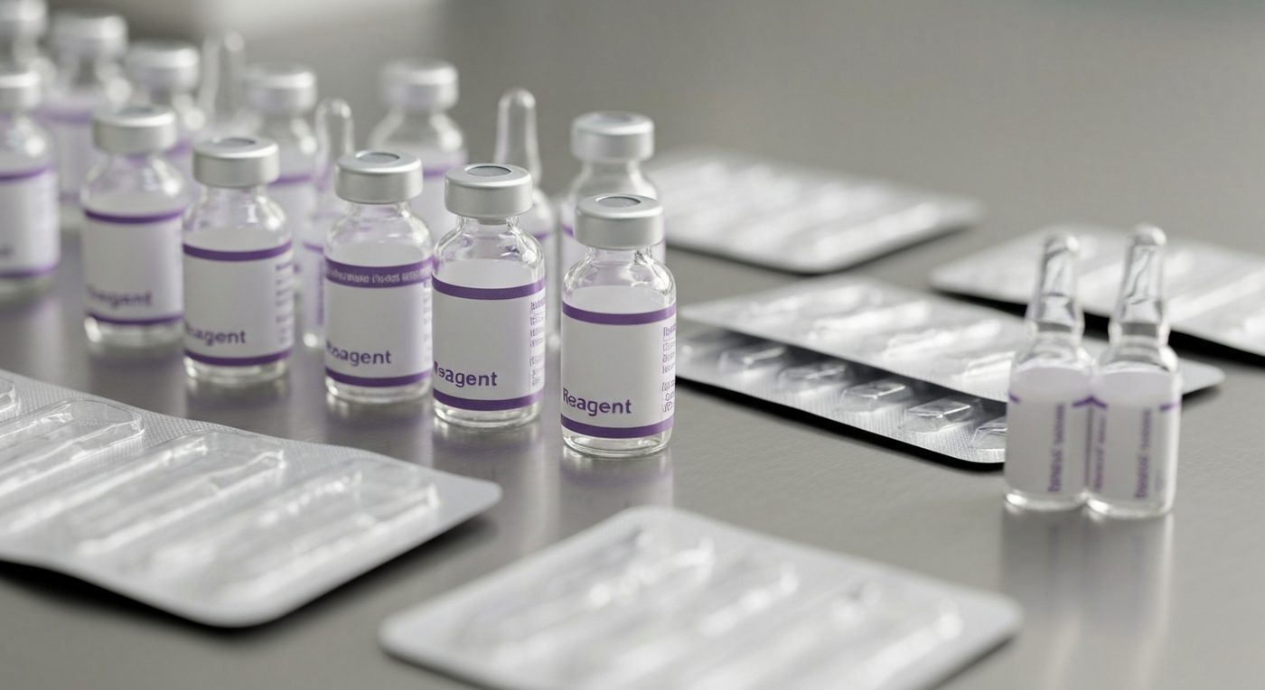 Pharmaceutical glass vials and blister packs on a stainless steel surface in a filling facility