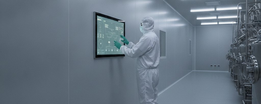 Cleanroom bioproduction facility with technician at a digital process control station in cool white and gray