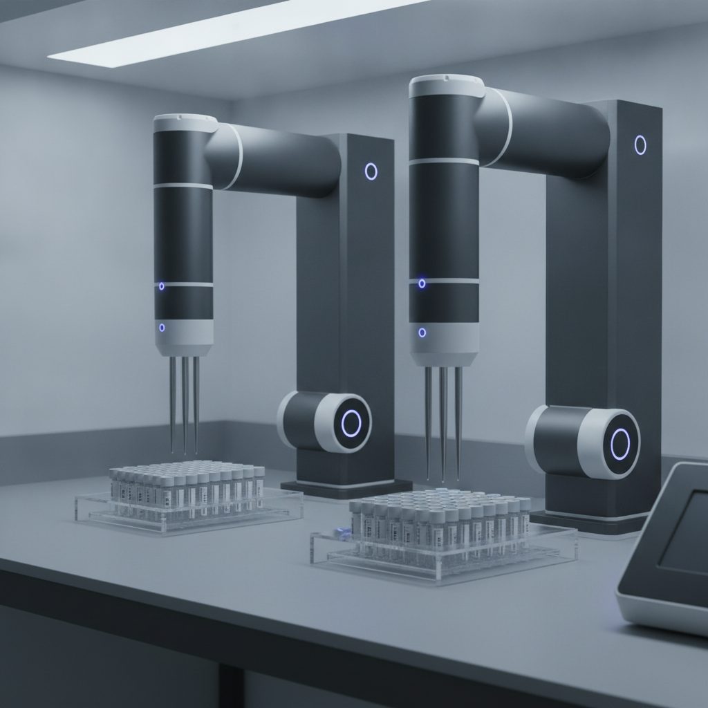 Automated laboratory workstation with a robotic pipetting arm and sample carriers on a gray lab bench