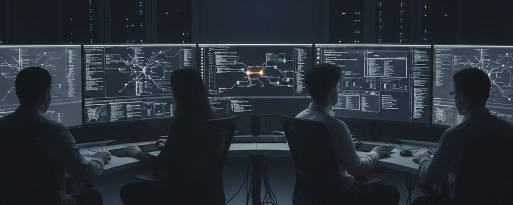 Analysts in a security operations centre reviewing network topologies across multiple screens