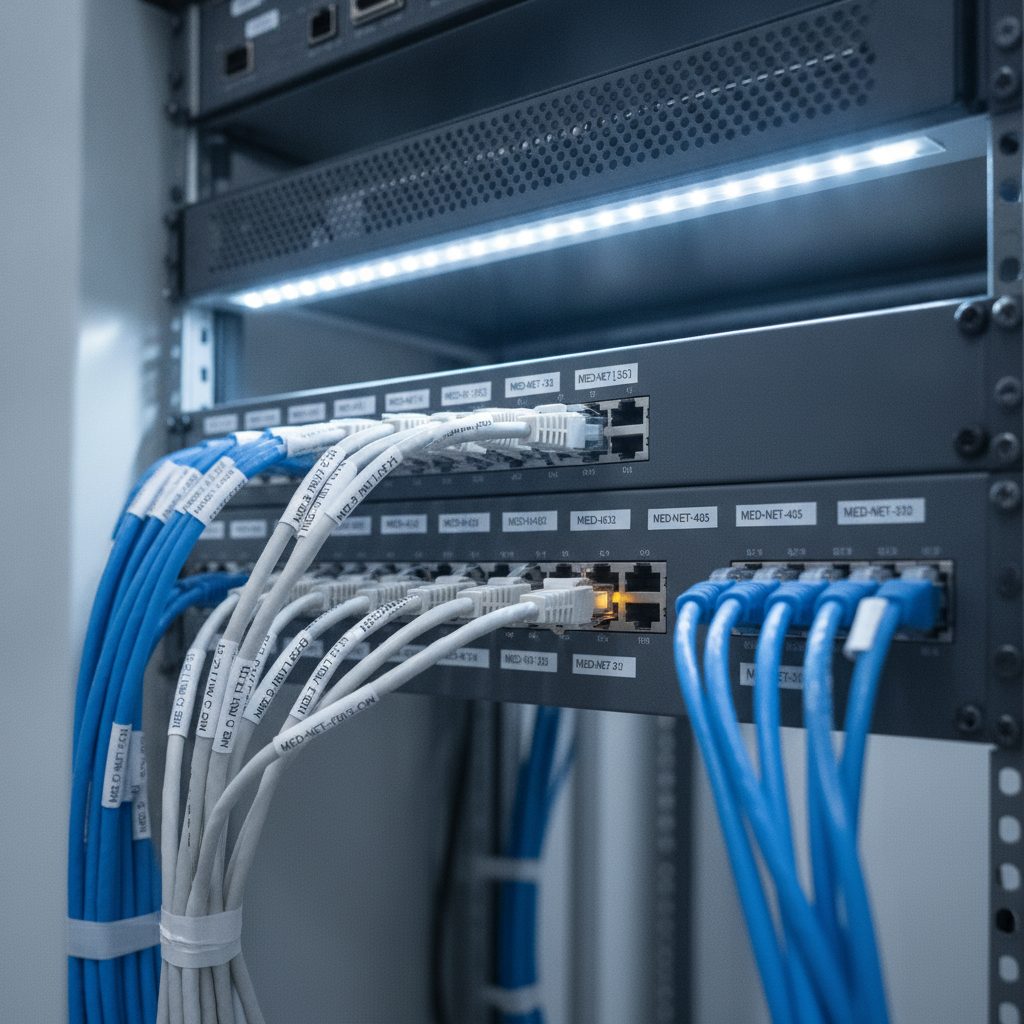 Network patch panel with labeled Ethernet cables in a server room at a medical facility