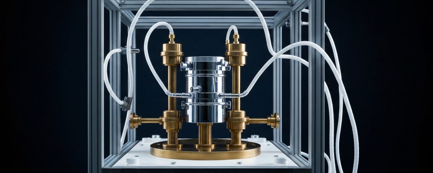 Dilutionskryostat im Quantenlabor: Messing-Hardware und Kryokabel in einem Forschungslabor mit dunklem Hintergrund