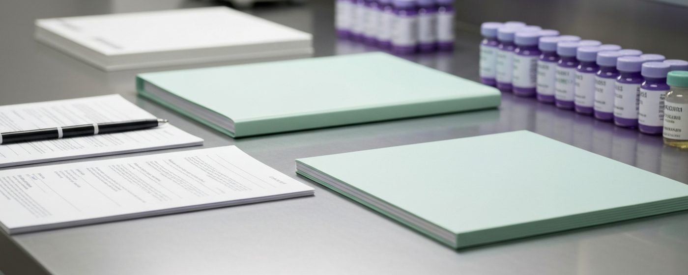 Klinische Studiendokumentation auf einem Labortisch mit Reagenzgläsern im Hintergrund