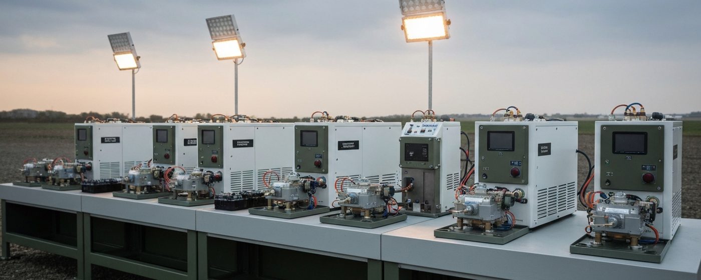 Militärisches Energieversorgungsmodul auf einem Feldtest-Prüfstand, kompakte Brennstoffzellen-Einheiten in olivgrüner Umgebung
