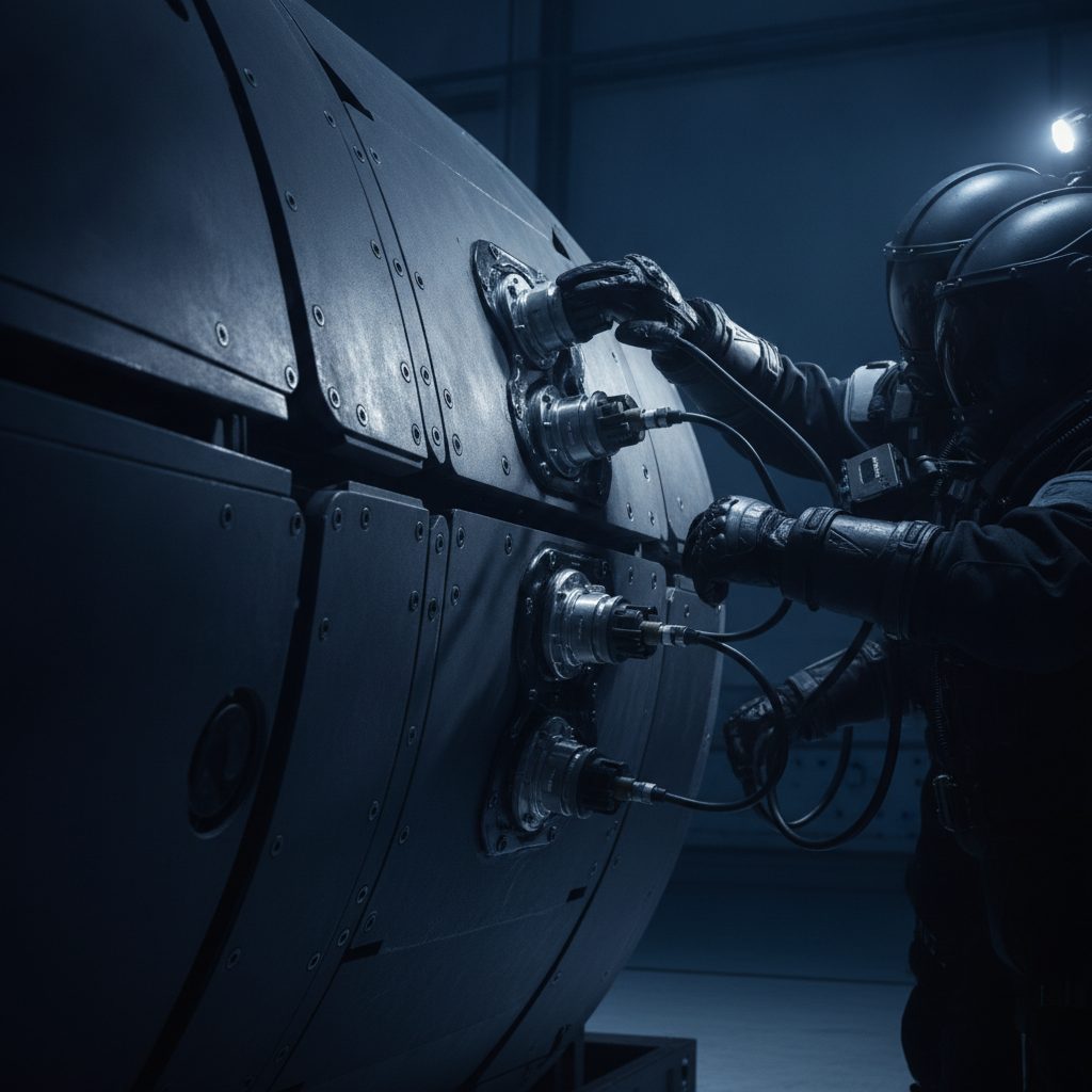 Unterwasserdrohne im Hangar bei der technischen Inspektion, Composite-Rumpf in Schiefergrau und Marine