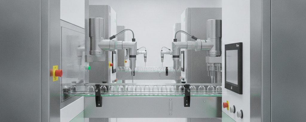 Sterile fill-and-finish facility for mRNA therapeutics in a GMP cleanroom with glass vials and stainless steel surfaces