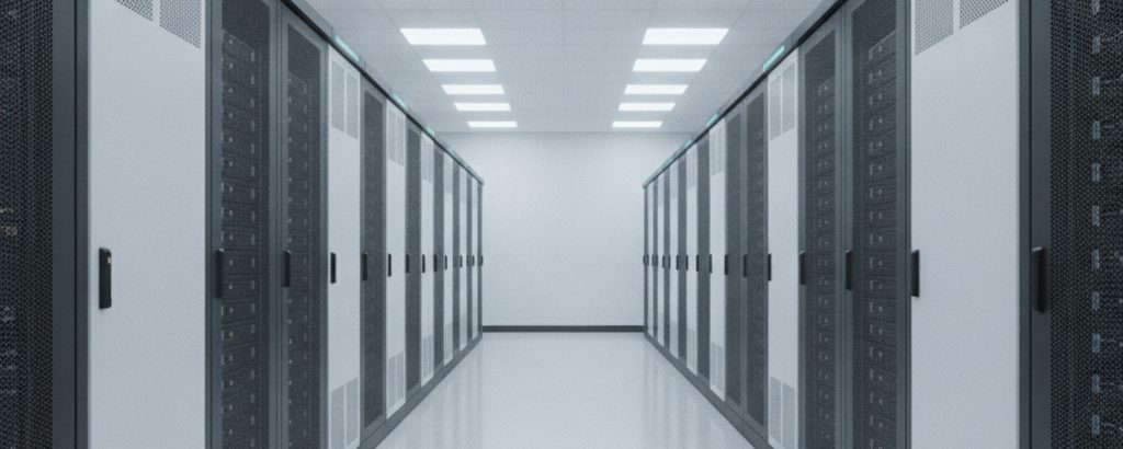 Data center cooling aisle with rows of gray servers and a muted cyan accent