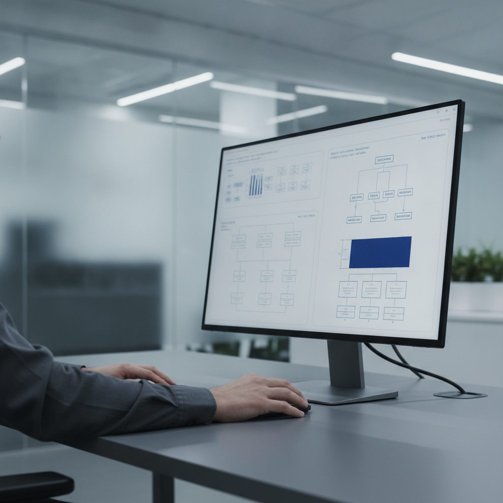 Engineer analyzing AI architecture diagrams on a monitor in a quiet office